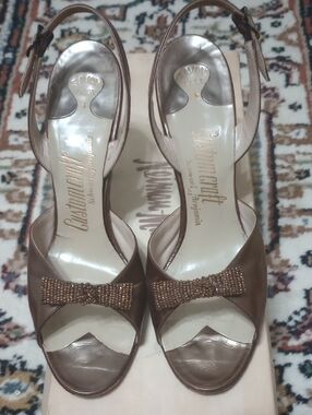 SCHWARTZ & BENJAMIN Bronze Beaded Peep-Toe Slingback 4" Heels